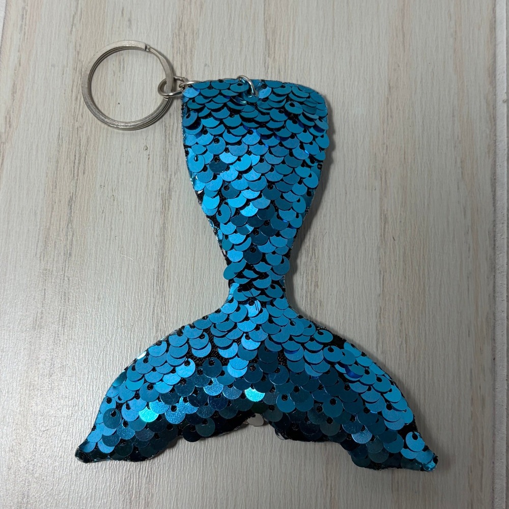 Mermaid Tail Keychain Blue Silver Reversible Flip Sequin Bag Charm Aquamarine